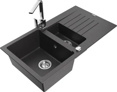 Produktbild von Mexen Matias 1,5-Becken-Granitspüle mit Abtropffläche und Mischbatterie Rita, Schwarz gesprenkelt - 6502-76-670300-00