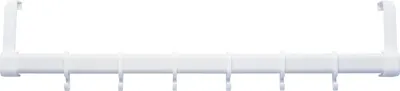 A white over-the-door hook rack with six hooks.