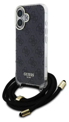 Zdjęcie produktu dla Guess, etui ochronne na iPhone'a 16 z paskiem na ramię 4G z nadrukiem IML, czarne
