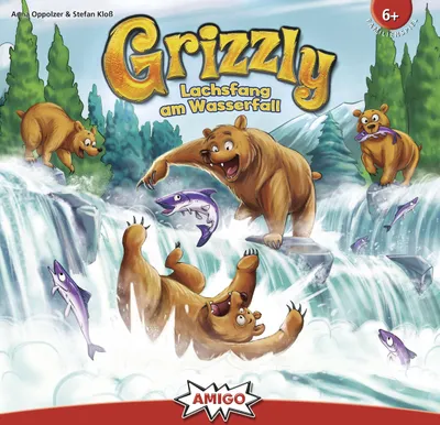 The image shows the box art for the board game Grizzly, featuring cartoon bears trying to catch salmon in a waterfall.