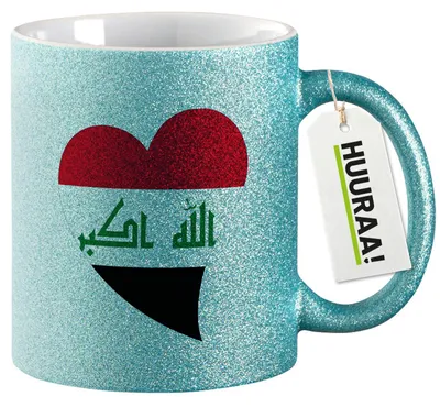 Produktbild von Huuraa Glitzertasse Irak Flagge Herz 330ml Blau Keramik Kaffeebecher Geschenkidee