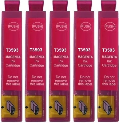 Five magenta ink cartridges are lined up in a row against a white background.