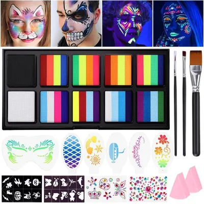 Immagine prodotto di Set di trucchi per bambini, a base d'acqua, per body painting, adatti per feste a tema, carnevale, Halloween. Include 12 colori, pennelli e modelli
