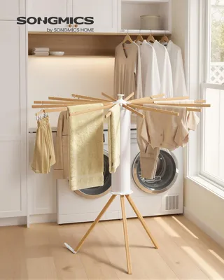 Produktbild von SONGMICS Wäscheständer klappbar, Ständer ausziehbar, platzsparend, drehbar, Balkon Waschküche, Holzarme, naturfarben