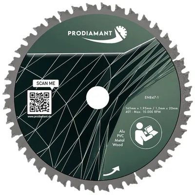 Immagine prodotto di Lama circolare PRODIAMANT da 165 mm per legno, metallo e alluminio con denti HM TCT