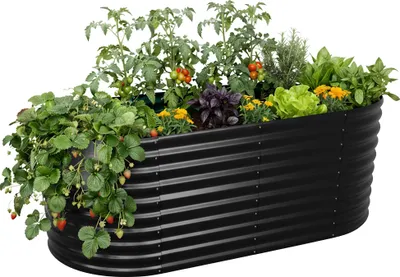 Zdjęcie produktu dla Podwyższona grządka Relaxdays, metal ocynkowany, do kwiatów, roślin i warzyw, wymiary: 100 x 200 x 80 cm, owalna grządka, czarna