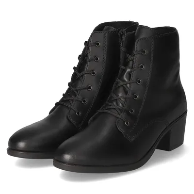A pair of black lace-up ankle boots with block heels, shown from a slightly elevated side angle against a white background.