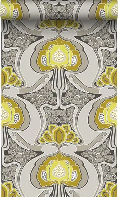 Produktbild von Origin Wallcoverings Tapete Jugendstil-Blumenmuster Ockergelb und Grau 53 cm x 10.05 m