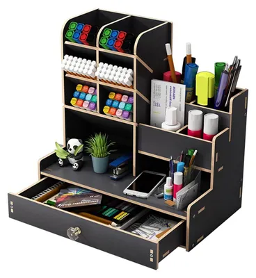 Imagen del producto de Soporte de bolígrafos y organizador de escritorio de madera con cajón