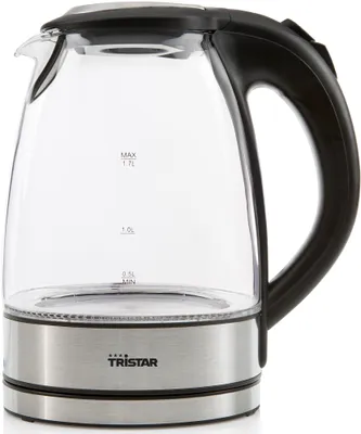 Produktbild von Tristar WK-3377 Glas Wasserkocher mit LED, 1,7 l, 2200 W, Schwarz, Edelstahl, Transparent, Glas, Kunststoff, Edelstahl, Wasserstandsanzeige, Drahtlos