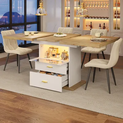 Immagine prodotto di okwish Tavolo da pranzo allungabile con illuminazione LED e cassetti, tavolo da cucina con piano allungabile da 110–140 cm, in MDF con finitura effetto legno, bianco