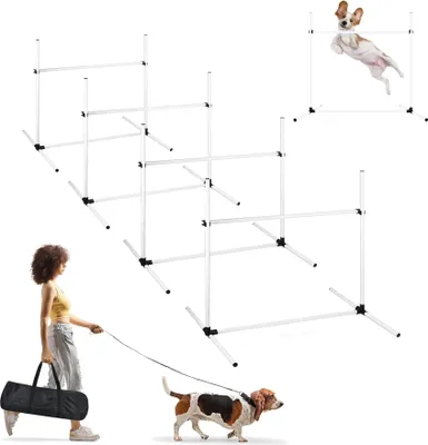 Obrázek produktu pro YARDIN sada pro agility psů, sada 4 slalomových tyčí s překážkami pro domácí mazlíčky, PVC výcviková sada pro psy s přenosnou taškou, výškově nastavitelná, 104x70x101cm, bílá barva