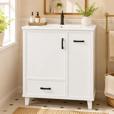 Produktbild von Waschtischunterschrank mit Keramikwaschbecken Badmöbel Set Waschbeckenunterschrank Bodenstehend Badschrank mit Schubladen Weiß 76,5x47x82cm