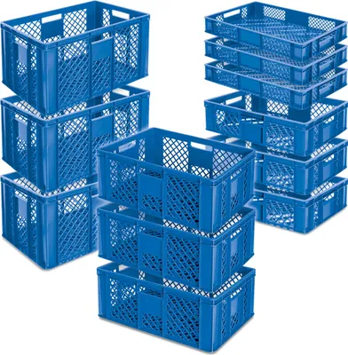Produktbild von 12x Stapelkorb/Bäckerkisten in 4 Größen, Grundmaß LxB 600 x 400 mm, H 90 mm, 150 mm, 240 mm, 320 mm, Farbe blau