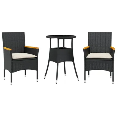 Produktbild von 3-tlg. Garten-Essgruppe mit Kissen Schwarz Poly Rattan Glas