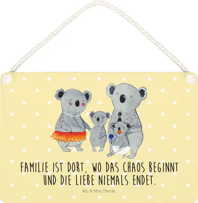 Produktbild von Mr. & Mrs. Panda Schild Koala Familie DIN A5 - Gelb Pastell - Geschenk, Türschild, holzbild, Holzschild, Wandbild Holz, Koalas, Muttertag, Papa, wandhänger, Kinder