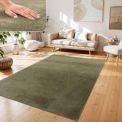 Produktbild von Teppich Wohnzimmer Kunstfell Shaggy Hochflor Waschbar In Waschmaschine Soft Grün Grösse 80x150 cm