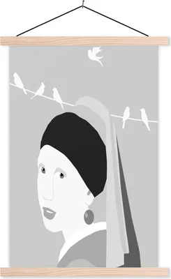 Produktbild von MuchoWow® Textilposter Girl With A Pearl Earring - Schwarz - Weiß - Vogel 40x60 cm mit holzfarbenen Rahmen - Poster