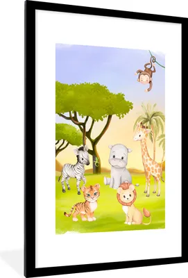 Produktbild von MuchoWow® Gerahmtes Poster Dschungel - Tiere - Kinder 60x90 cm - Poster mit Schwarzem Bilderrahmen Wandposter Rahmen Foto Bilder - Dekoration - Wandposter Wohnzimmer - Hochwertig