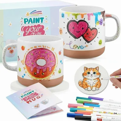 Immagine prodotto di Set per decorare tazze in Vetroceramica, composto da 2 tazze e 2 sottobicchieri, 12 pennarelli per porcellana, ideale per creare un regalo personalizzato per adulti