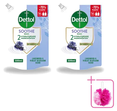 Obrázok produktu pre 2 ks náplne do dávkovača mydla Dettol Soothe – Levanduľa a fialka – 500 ml – Ekonomické balenie – 2 kusy