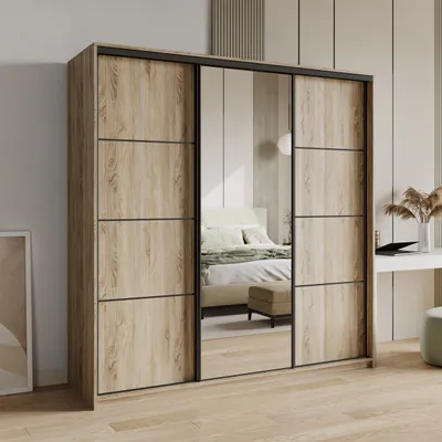 Produktbild von Masseno Schiebetürenschrank VARO 200/205/60 cm Kleiderschrank mit Schubladen Schlafzimmer Schrank 3-türig mit Spiegel Sonoma Eiche + Schwarz