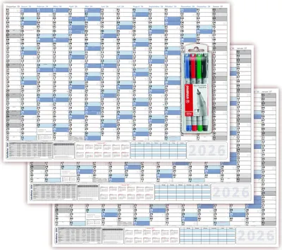 Produktbild von 3 Stück XXL Wandkalender DIN B1 2026 blau, nass abwischbar inkl. Stifteset Format 100 x 70cm Jahresplaner Wandplaner gerollt