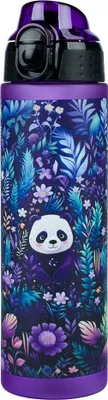 A purple water bottle with a jungle panda design.