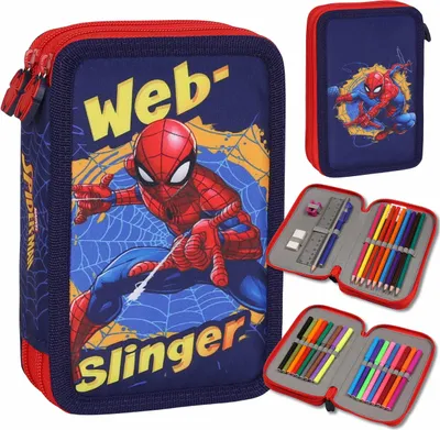 Obrázek produktu pro MARVEL Spider Man Dvoukomorový školní penál SE ŠKOLNÍMI POTŘEBAMI pro chlapce DO ŠKOLY - 32 prvků, 2 zipy