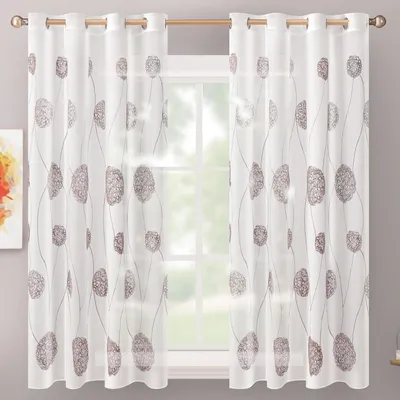 Immagine prodotto di Tende decorative con passanti - Semitrasparenti - Motivi floreali stilizzati su sfondo bianco - Set da 2