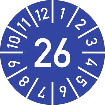 Produktbild von Dreifke® Prüfplakette Jahr 26 mit Monaten, blau, Folie, Ø 20 mm, 10 Stück/Bogen