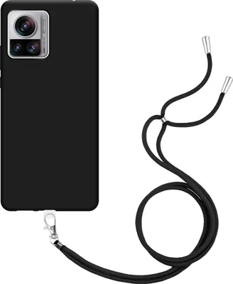 A black phone case with a black lanyard attached to it, shown against a white background.