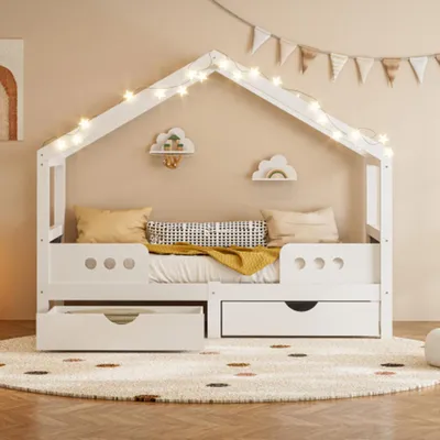 Produktbild von Kinderbett mit Dachdesign, 2 großen Schubladen und stabilem,für 90×200 cm Matratze