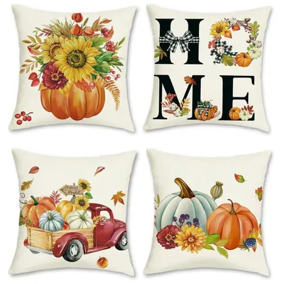 Immagine prodotto di Cuscini decorativi a tema autunnale, zucca, 45 x 45 cm, poliestere, set da 4