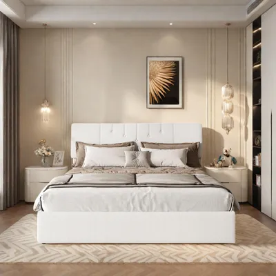 A well-lit bedroom with a white bed as the central focus.