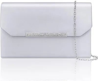 Produktbild von Larcenciel Clutch Silber, Lederhandtaschen mit abnehmbarer Kette, elegante Abendtasche mit Metallstange und Strasssteinen, modische Umhängetasche für Hochzeiten, Partys, Galas und Bankette, 22 x 14 x 6 cm