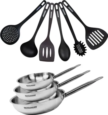 Image de Set de 3 poêles 20 24 et 28 cm en inox et 6 ustensiles Fackelmann Eterna