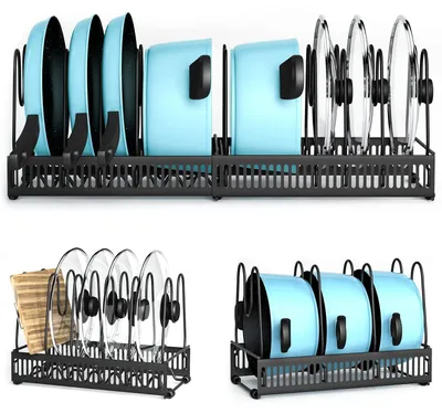 Produktbild von Solidchoice - Topfhalter mit 10 Stellflächen - Deckelhalter - Küchenorganizer - Ausziehbare Halterungen - Kohlenstoffstahl - 32,5 x 19,5 x 10 cm - Topfablage