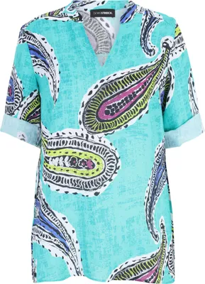 Produktbild von Lässige Damen Leinenbluse mit 3/4-Arm, Paisley-Alloverprint und Seitenschlitzen