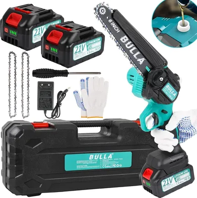 A collection of items for a cordless chainsaw kit, including the chainsaw, batteries, charger, chains, screwdriver, gloves, and a carrying case.