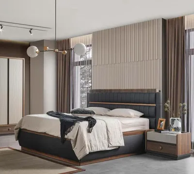 Produktbild von Grau-Weiße Schlafzimmer Möbel Designer Bett Edle Holz Nachttische 3tlg