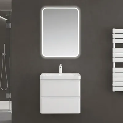 Image de doporro Meuble de Salle de Bain Suspendus Blanc 60x42x55cm Ensemble de 3 Pièces Meuble avec Lavabo et Miroir Design Lucca