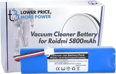 A product shot of a vacuum cleaner battery and its packaging.