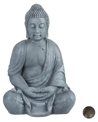 Sitzende Buddha-Statue 70 cm, hellgrau, wetterbeständig, Polyresin