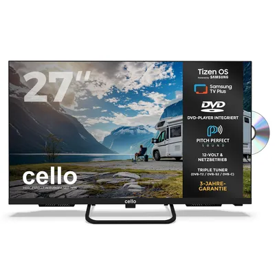 Produktbild von Cello 27″ Smart Tizen OS by Samsung Camping LED TV mit DVD Player, Triple Tuner, Pitch Perfect Sound, 12V/24V/230V Multispannung – ideal für Wohnmobil
