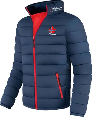 A navy blue puffer jacket with red accents and a Norwegian flag logo.