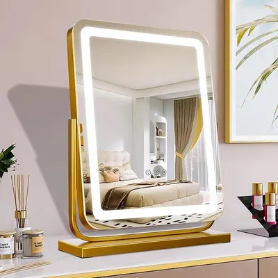 Zdjęcie produktu dla Lusterko toaletowe w stylu Hollywood z oświetleniem, 3 tryby kolorystyczne, sterowanie dotykowe, kwadratowe lusterko do makijażu, 40x47 cm, obrotowe o 360°, lusterko LED do toaletki, lusterko kosmetyczne