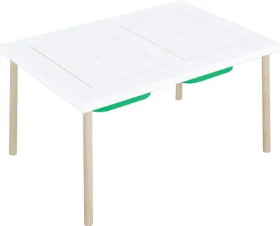 A white children's table with wooden legs and two green storage bins underneath.