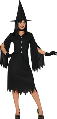 A woman wearing a witch costume, including a hat, dress, and gloves.