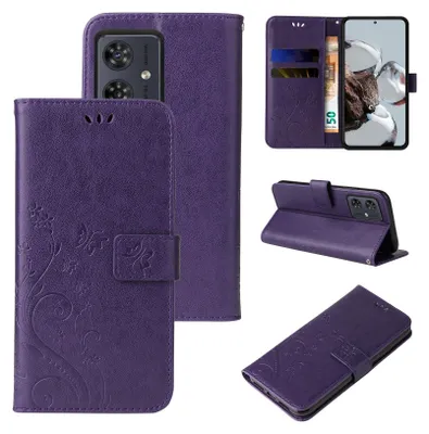 A collage of images showing a purple floral butterfly flip phone case for a Motorola Moto G54.